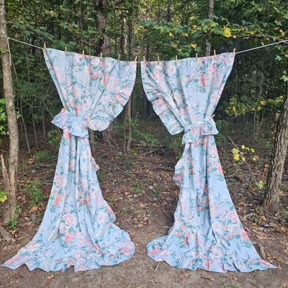 Crown Crafts Vintage Blue Floral Rose Curtains Ruffled Panels Tie Backs 42x85"
